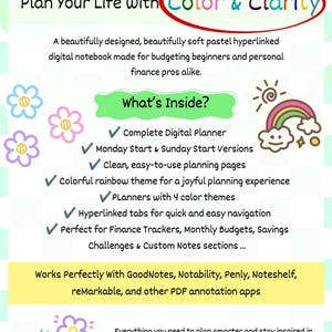 Puede incluir: Un anuncio de agenda digital con el texto Plan Your Life with Color & Clarity. El dise&ntilde;o incluye una lista de caracter&iacute;sticas como pesta&ntilde;as con hiperv&iacute;nculos, versiones que comienzan en lunes o domingo y compatibilidad con apps como GoodNotes.