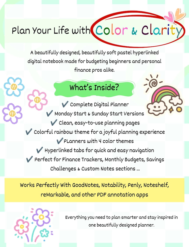 Puede incluir: Un anuncio de agenda digital con el texto Plan Your Life with Color & Clarity. El dise&ntilde;o incluye una lista de caracter&iacute;sticas como pesta&ntilde;as con hiperv&iacute;nculos, versiones que comienzan en lunes o domingo y compatibilidad con apps como GoodNotes.