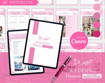 Bearbeitbare Hochzeitsplaner Canva Vorlage, bedruckbar, Brautparty Planer, Flitterwochen Planer, Hochzeit Organisator Digitaler Download