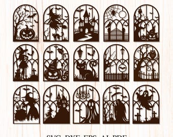 Halloween Window Frames Svg, Spooky Window Svg, Haunted House Dxf, Ghost SVG, Witch SVG, Pumpkin Svg, Black Cat Svg, Halloween Decor