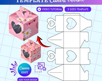 May include: Pink small box packaging template with daisy and heart designs. The template includes a video tutorial and is editable in Canva. The text reads "SMALL BOX PACKAGING TEMPLATE Canva Editable" and "DRAG AND DROP. 100% EDITABLE."