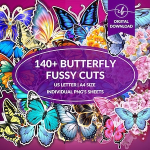 Pode incluir: Um download digital com mais de 140 recortes de borboletas em várias cores e designs. A imagem inclui borboletas em tons de azul, rosa, amarelo e roxo. O texto na imagem diz "140+ BUTTERFLY FUSSY CUTS".