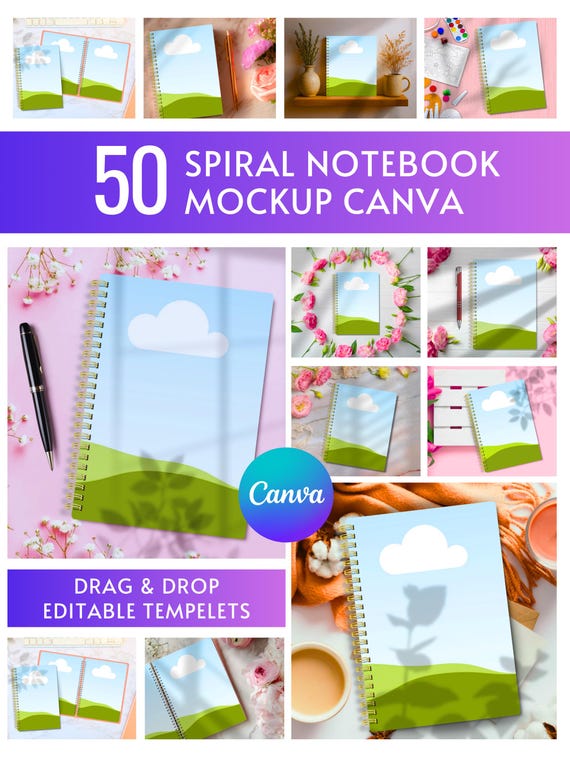 50 Spiral Notebook Mockups | Canva Editable Templates (Digital Download)