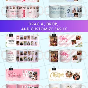 May include: A collection of white ceramic mugs with various designs. Some mugs feature Valentine's Day themes, others birthday greetings, and some include photo collages. The mugs are decorated with text and images, suitable for personalized gifts.