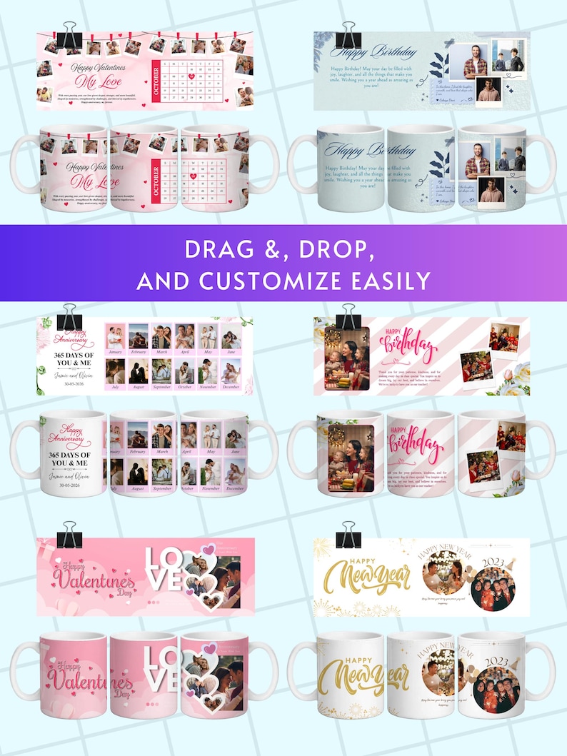May include: A collection of white ceramic mugs with various designs. Some mugs feature Valentine's Day themes, others birthday greetings, and some include photo collages. The mugs are decorated with text and images, suitable for personalized gifts.