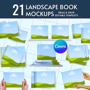 May include: A collection of 21 landscape book mockups with a blue sky and green landscape design. The image includes various book styles, including spiral-bound and hardcover, with the Canva logo. Text reads "LANDSCAPE BOOK MOCKUPS" and "DRAG & DROP EDITABLE TEMPLETS."