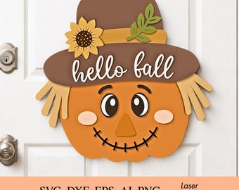 Hello Fall Door Hanger Svg, Pumpkin Scarecrow Door Sign, Fall Door Decor, Autumn Svg, Laser Cut File, Glowforge Svg, Sunflower Pumpkin Svg
