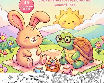 Hare and Tortoise Coloring Book, Cozy Cute Animal Friendship Story, Printable Coloring Pages, Fairytale Activity Book, Instant Download