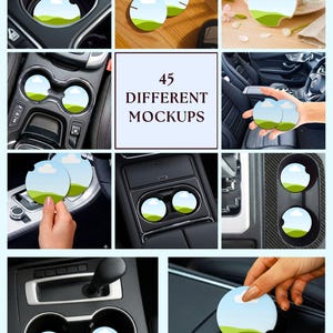 May include: A collection of car coasters with a landscape design featuring green hills, blue skies, and white clouds. The image showcases the coasters in various car cup holders and settings. The text "45 DIFFERENT MOCKUPS" is also visible.