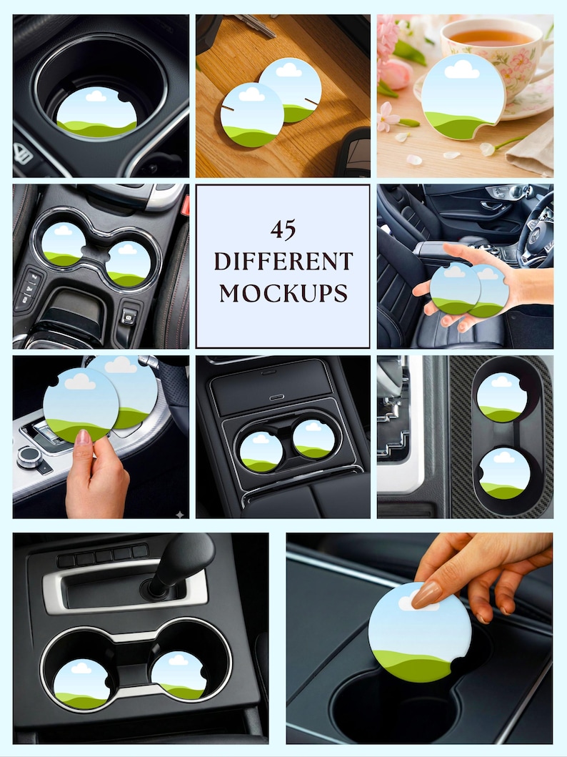 May include: A collection of car coasters with a landscape design featuring green hills, blue skies, and white clouds. The image showcases the coasters in various car cup holders and settings. The text "45 DIFFERENT MOCKUPS" is also visible.