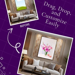 Stylish gallery wall mockup with three art frames in cozy living room – Canva mockup bundle for interior design and home decor scenes.