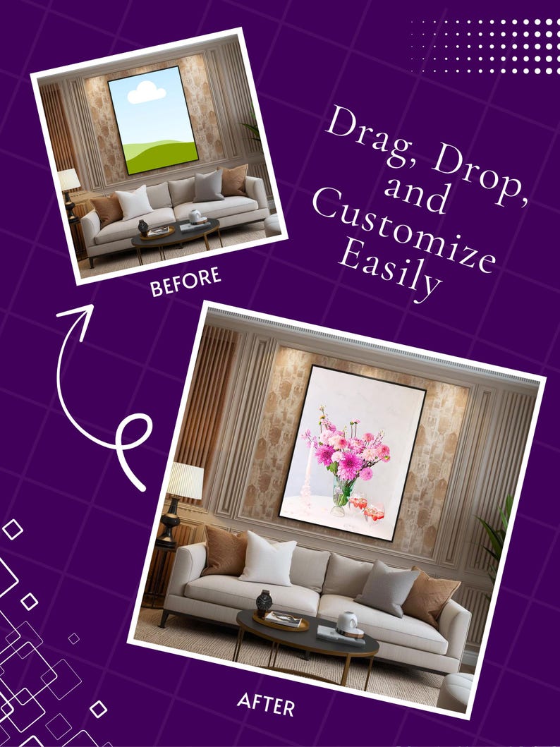 Stylish gallery wall mockup with three art frames in cozy living room – Canva mockup bundle for interior design and home decor scenes.