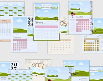Bearbeitbarer Canva-Fotokalender für 2026 und 2027, 6 einzigartige 12-Monats-Designs, ziehen & ablegen Vorlagenpaket, benutzerdefinierter Familienkalender