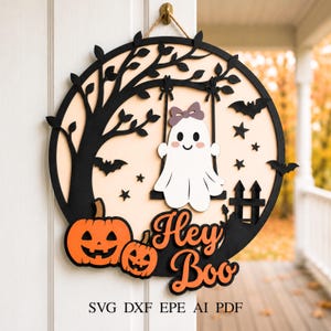 Colgador de puerta con forma de fantasma (SVG), Letrero de puerta con diseño de calabaza y fantasma (SVG), Colgador de puerta de Halloween, Archivos de corte láser, SVG para Glowforge, SVG para Cricut, DXF para XTool