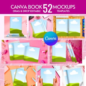 Puede incluir: Una colección de maquetas de libros de Canva con un diseño de cielo azul y paisaje verde. La imagen incluye varias plantillas de libros y cuadernos, con el texto "CANVA BOOK 52 MOCKUPS" y "DRAG & DROP EDITABLE" en la parte superior. También se ve un logotipo de Canva.