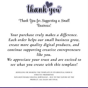 May include: A white digital template with a purple background. The text reads "thank you" in a script font, followed by a message thanking customers for supporting a small business. Additional text details the impact of purchases and restrictions.