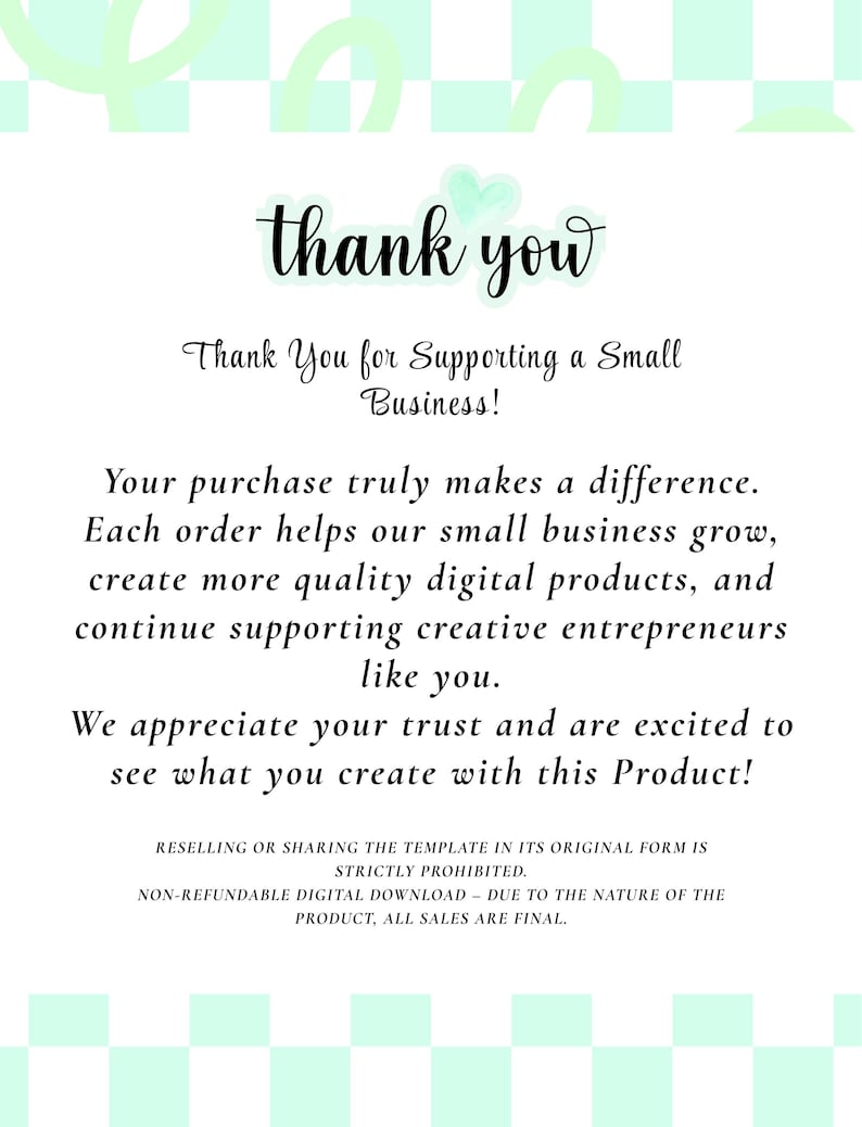 Puede incluir: Una tarjeta de agradecimiento digital con un borde a cuadros verde claro y blanco y un icono de coraz&oacute;n. El texto dice: thank you, Thank You for Supporting a Small Business! Su compra marca la diferencia. La reventa est&aacute; prohibida.