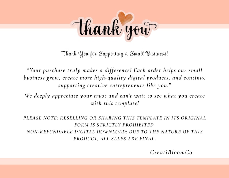 K&ouml;nnte beinhalten: Digitale Dankeskarte in Pfirsich- und Wei&szlig;t&ouml;nen. Der Text "thank you" ist kursiv geschrieben, mit einem kleinen Herz dar&uuml;ber. Der Text enth&auml;lt eine Dankesbotschaft f&uuml;r die Unterst&uuml;tzung eines Kleinunternehmens.
