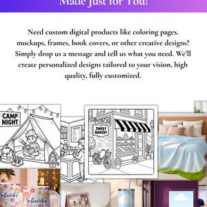 May include: Image showcasing a variety of custom digital products. Includes coloring pages, mockups, frames, and book covers. The text reads "Get Your Custom Digital Products Made Just for You!" and "Need custom digital products..."