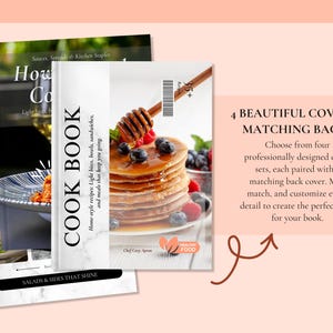 K&ouml;nnte beinhalten: Vier Kochbuch-Cover werden gezeigt, jedes mit einem anderen Design. Ein Cover zeigt Pfannkuchen mit Sirup und Beeren. Der Text auf den Covern lautet "Cook Book" und "Salads & Sides That Shine."