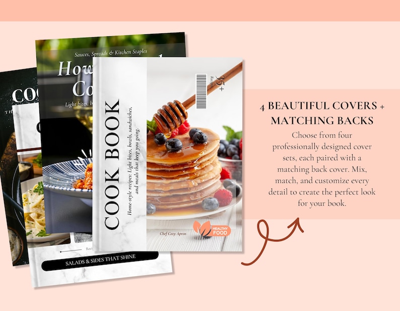 K&ouml;nnte beinhalten: Vier Kochbuch-Cover werden gezeigt, jedes mit einem anderen Design. Ein Cover zeigt Pfannkuchen mit Sirup und Beeren. Der Text auf den Covern lautet "Cook Book" und "Salads & Sides That Shine."