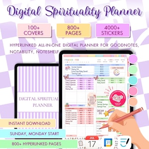 May include: Digital Spirituality Planner with 100+ covers, 800+ pages, and 4000+ stickers. The planner is hyperlinked and designed for GoodNotes, Notability, and Noteshelf. Includes sections for finance, journaling, and yoga. Features an instant download.