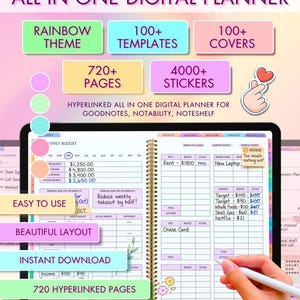 May include: Digital planner with a rainbow theme, 100+ templates, and 100+ covers. Features 720+ pages and 4000+ stickers. Includes sections for finance, productivity, and wellness. The planner is designed for GoodNotes, Notability, and Noteshelf.