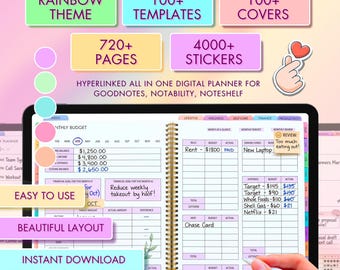 All-in-One Digitaler Planer für iPad, Regenbogen Thema Planer, Wöchentlicher Monatlicher Tagesplaner, Digital Planner Bundle mit Aufklebern Covern