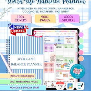 May include: Digital work-life balance planner with 100+ covers, 900+ pages, and 4000+ stickers. Includes finance, productivity, routine, and wellness trackers. Designed for GoodNotes, Notability, and Noteshelf, with instant download.