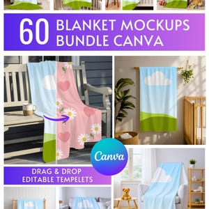 Peut inclure: Plusieurs maquettes de couvertures avec un motif de ciel et de paysage. L'image présente des couvertures drapées sur des meubles et suspendues, avec le texte "60 BLANKET MOCKUPS BUNDLE CANVA" et "DRAG & DROP EDITABLE TEMPELETS".