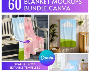 60 Blanket Mockups Canva Bundle, Editable Blanket Mockup Pack, White Blanket Scene Mockups, Product Display Templates, Digital Download