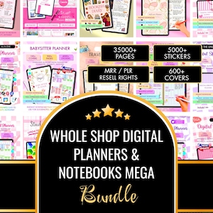 May include: A digital planner and notebook mega bundle featuring various templates like a reading journal, self-care planner, and babysitter planner. The collection includes over 35,000 pages, 5,000 stickers, and 600 covers with MRR and PLR resell rights.