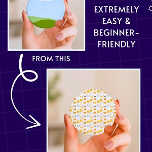 May include: Two images show a round car coaster. The top coaster has a blue sky and green landscape design. The bottom coaster has a pattern of yellow, orange, and gray cat faces. The text reads "EXTREMELY EASY & BEGINNER-FRIENDLY".