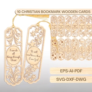 May include: A set of ten light-colored wooden bookmarks featuring intricate laser-cut floral patterns and engraved Christian phrases including I can do all things through Christ and Be still, and know that I am God, with gold-colored tassels.