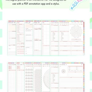 Puede incluir: Un planificador digital mostrado como un archivo PDF interactivo con m&uacute;ltiples dise&ntilde;os de p&aacute;gina que incluyen reflexi&oacute;n, &iacute;ndice, objetivos, finanzas, rastreadores de h&aacute;bitos y registros de ahorro. El texto dice: This digital planner is an interactive PDF file designed for use with a PDF annotation app and a stylus.
