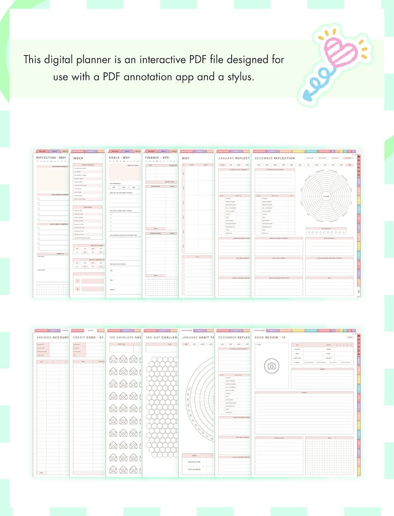 Puede incluir: Un planificador digital mostrado como un archivo PDF interactivo con m&uacute;ltiples dise&ntilde;os de p&aacute;gina que incluyen reflexi&oacute;n, &iacute;ndice, objetivos, finanzas, rastreadores de h&aacute;bitos y registros de ahorro. El texto dice: This digital planner is an interactive PDF file designed for use with a PDF annotation app and a stylus.