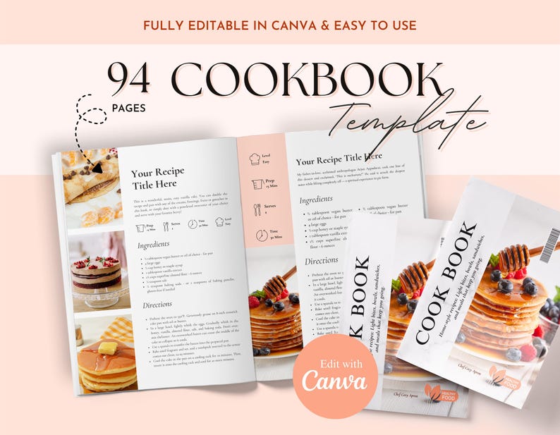 K&ouml;nnte beinhalten: Eine Kochbuchvorlage mit hellpfirsichfarbenem Hintergrund. Der Text lautet "94 Kochbuchseiten Vorlage". Das offene Kochbuch zeigt Rezeptseiten mit Bildern von Pfannkuchen und Kuchen. Die Worte "Edit with Canva" sind ebenfalls sichtbar.