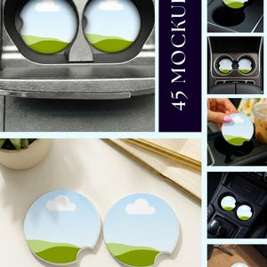 May include: A collection of car coasters with a sky and landscape design. The coasters feature a light blue sky with a white cloud and green hills. The image shows the coasters in various car cup holders.