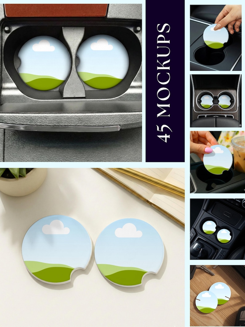 May include: A collection of car coasters with a sky and landscape design. The coasters feature a light blue sky with a white cloud and green hills. The image shows the coasters in various car cup holders.