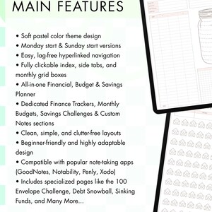 Puede incluir: Un planificador financiero digital mostrado en dos pantallas de tableta, con un tema de colores pastel suaves. El texto enumera las caracter&iacute;sticas principales, incluyendo rastreadores de finanzas, presupuestos y navegaci&oacute;n con hiperv&iacute;nculos.