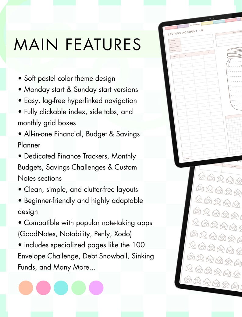 Puede incluir: Un planificador financiero digital mostrado en dos pantallas de tableta, con un tema de colores pastel suaves. El texto enumera las caracter&iacute;sticas principales, incluyendo rastreadores de finanzas, presupuestos y navegaci&oacute;n con hiperv&iacute;nculos.