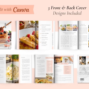K&ouml;nnte beinhalten: Ein Kochbuch mit wei&szlig;em Einband, das Pfannkuchen mit Beeren und Honig zeigt. Die offenen Seiten zeigen Rezepte und Food-Fotografie. Der Text enth&auml;lt "COOK BOOK", "Edit with Canva" und "3 Front & Back Cover Designs Included".