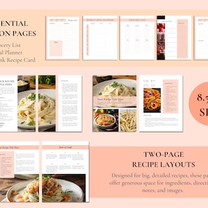 K&ouml;nnte beinhalten: Sammlung druckbarer Rezeptseiten und Essensplanvorlagen. Enth&auml;lt Einkaufslisten, Essensplaner und Rezeptkarten. Das Design zeigt eine sanfte Pfirsichfarbe mit Bildern von Pastagerichten. Gr&ouml;&szlig;e: 21,59 x 27,94 cm.