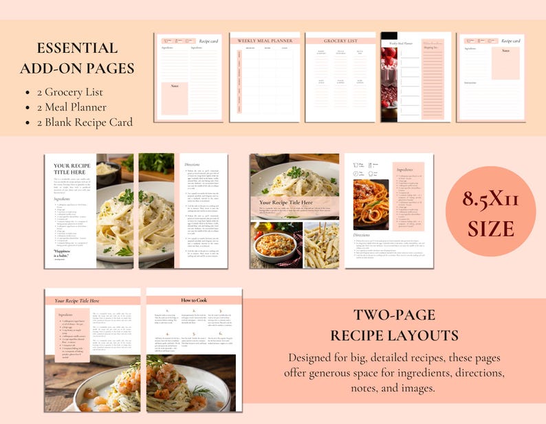 K&ouml;nnte beinhalten: Sammlung druckbarer Rezeptseiten und Essensplanvorlagen. Enth&auml;lt Einkaufslisten, Essensplaner und Rezeptkarten. Das Design zeigt eine sanfte Pfirsichfarbe mit Bildern von Pastagerichten. Gr&ouml;&szlig;e: 21,59 x 27,94 cm.