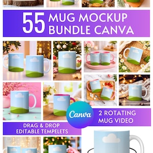 May include: A collection of white ceramic mugs with a landscape design of a blue sky, white cloud, and green hills. The image includes the text "55 MUG MOCKUP BUNDLE CANVA", "DRAG & DROP EDITABLE TEMPELETS", and "2 ROTATING MUG VIDEO".