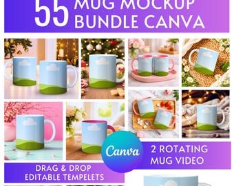 Bundel met 55 bewerkbare mok-mockups, canva-sjablonen, 2 roterende mok-mock-upvideo's, mok-mock-ups, slepen en neerzetten, digitale download