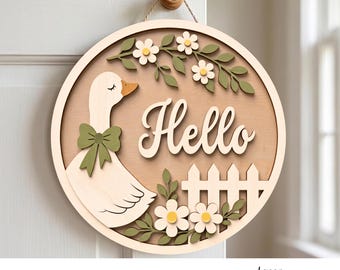 Goose Floral Door Hanger SVG, Hello Goose Door Sign, Round Goose Sign, Flower Farmhouse Decor, Laser Cut File, Glowforge xTool, Summer Decor
