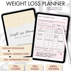 May include: Digital weight loss planner with a health journal theme. The planner includes a daily workout log, with sections for exercise, sets, reps, and weight. Features include 180+ hyperlinked pages, 100+ covers, and 4000+ stickers.