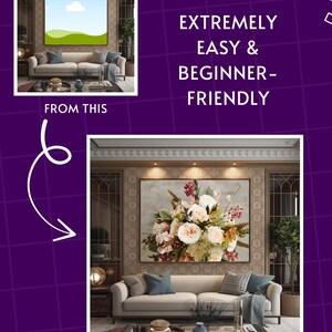 Neutral boho wall art scene with rattan chair and poster frame – Canva editable frame mockup for printable art sellers.