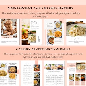 K&ouml;nnte beinhalten: Ein Kochbuch-Layout mit hellrosa Hintergrund. Die Seiten zeigen Food-Fotografie von Pastagerichten und Keksen. Der Text enth&auml;lt "Main Content Pages & Core Chapters" und "Gallery & Introduction Pages."
